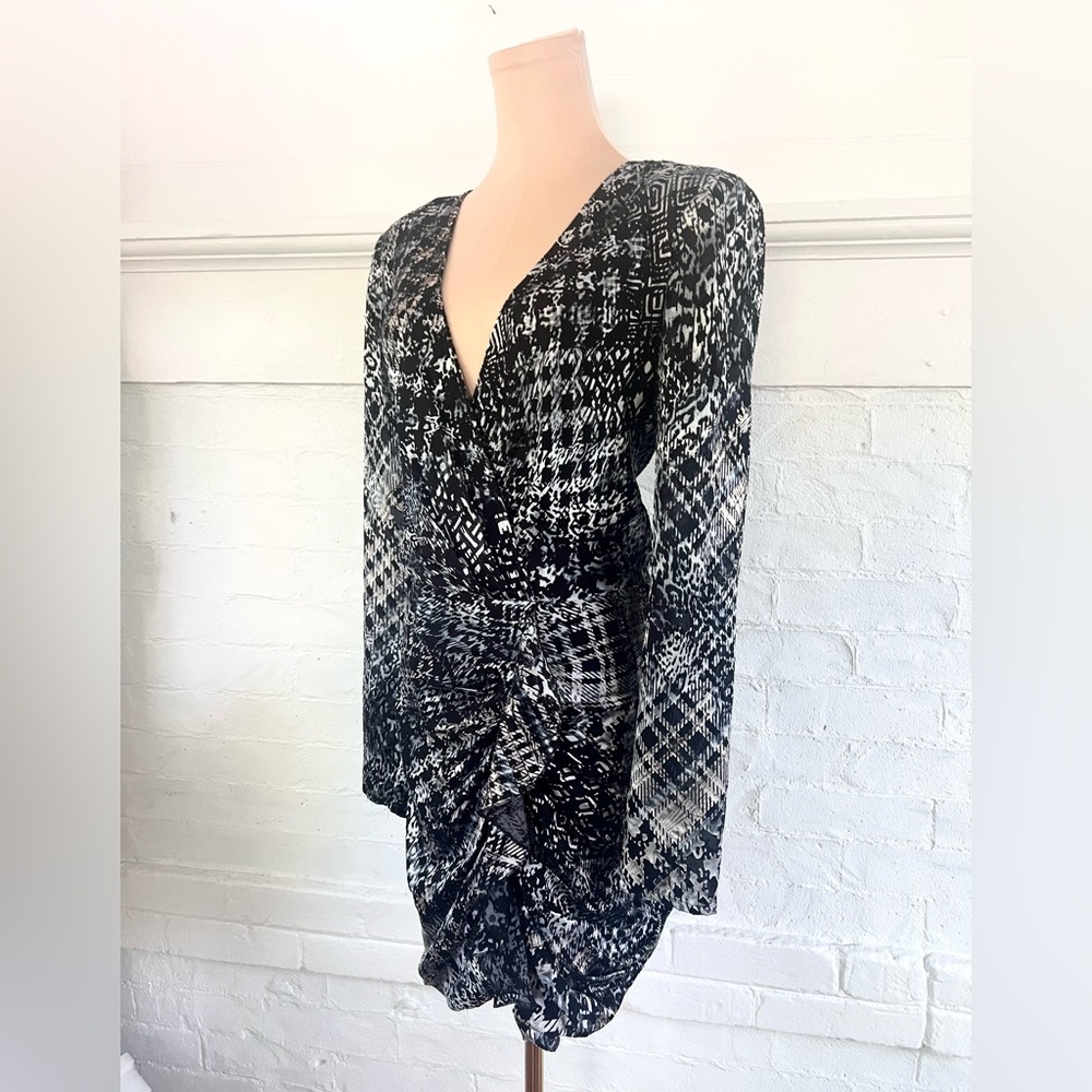 Ramy Brook Myla Mini Dress Black Houndstooth Burnout Multi Ruched Faux Wrap NWT - Picture 5 of 16